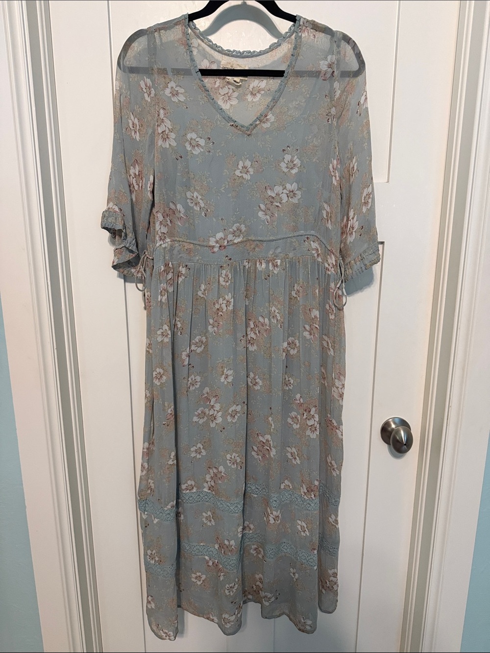 Denim & Supply Ralph Lauren Dusty Blue Floral Cottagecore Sheer Midi Dress